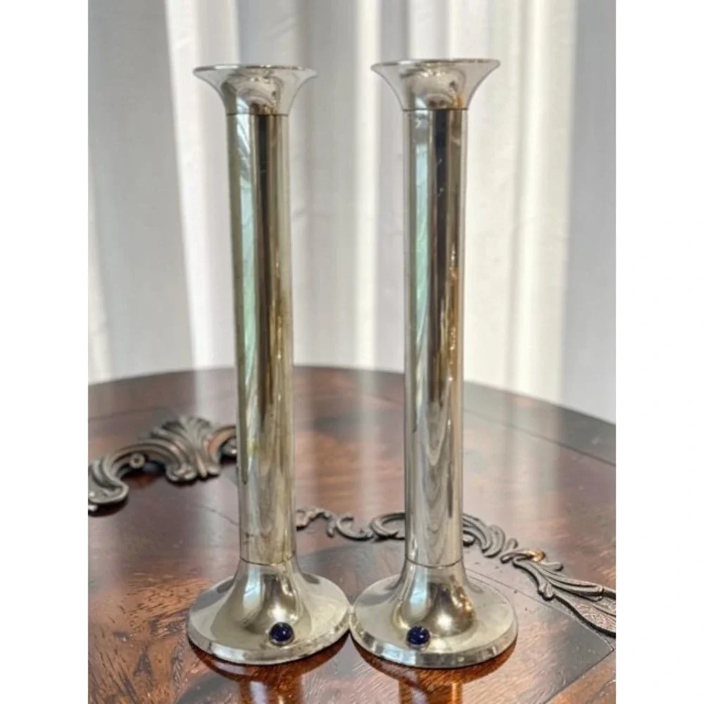 Vintage MCM Silver Plated Cylinder Candle Holders Cabochon Stone Accented Base